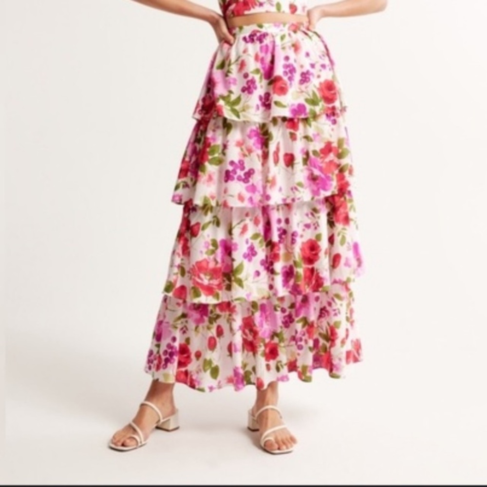 Abercrombie & Fitch / Drama  Tiered strawberry floral Ruffle Maxi Skirt.